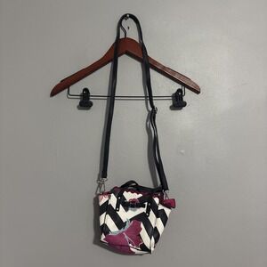 CANDIE'S Black & White zig-zag mini-purse w/pink flowers, Bryant bow, 3 sections